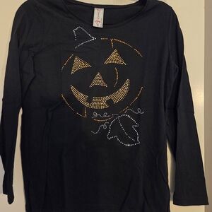 NY&C Black Long-Sleeve Halloween Rhinestone Tee - Black/Orange